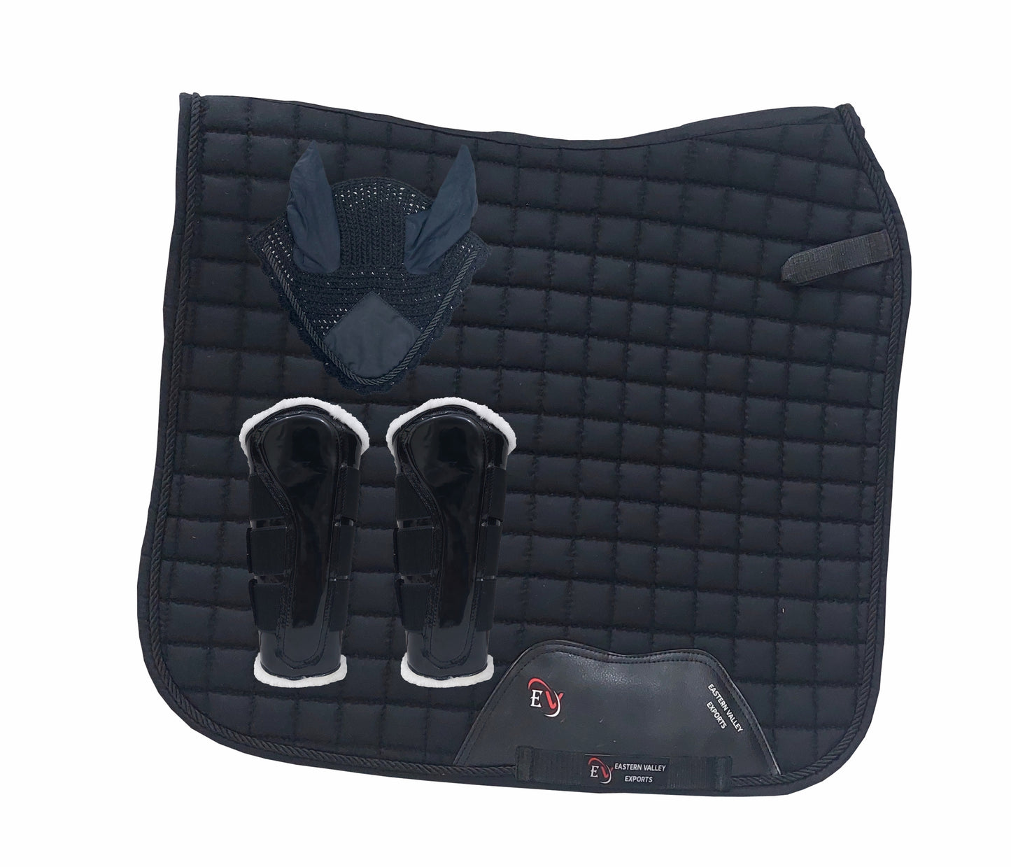 Horse Saddle Pad Set including Fly Veils & Tendon Boots, Black Cotton Quilted - Dressage