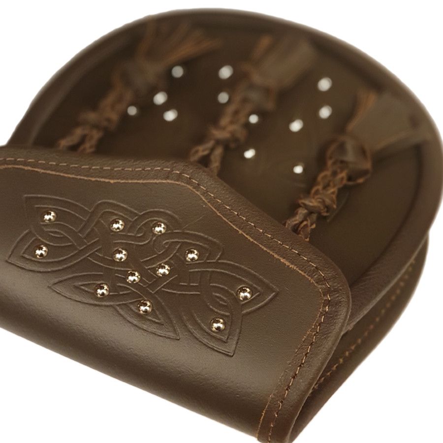 Leather Day Sporran All Over Studded Celtic Design and 3 Pleated Tassels in Brown with Leather Chain Strap