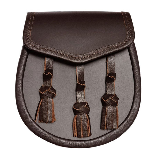 Leather Day Sporran with Three Hand Knotted Tassels in Brown with Leather Chain Strap