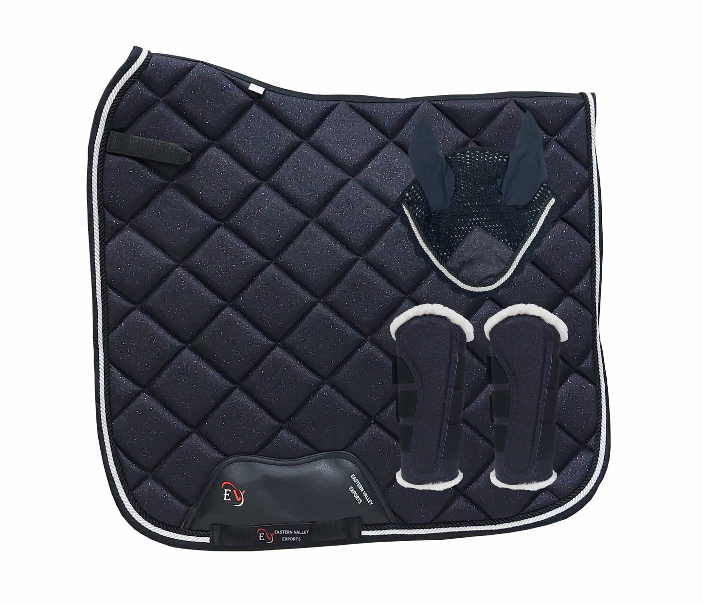Horse Saddle Pad Set including Fly Veils & Tendon Boots, Shiny Glitter Black - Dressage