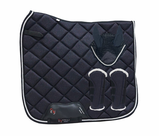 Horse Saddle Pad Set including Fly Veils & Tendon Boots, Shiny Glitter Black - Dressage