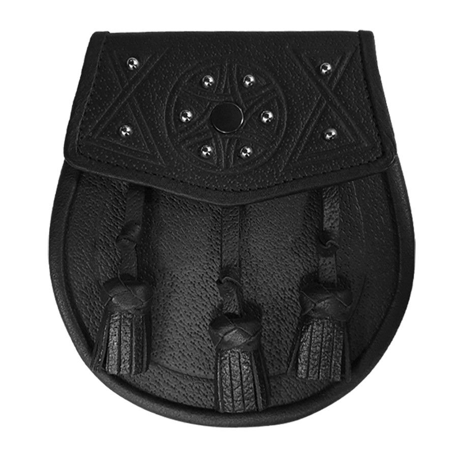 Leather Day Sporran Tooled and Studded Celtic design with 3 Knotted Tassels in Black with Leather Chain Strap