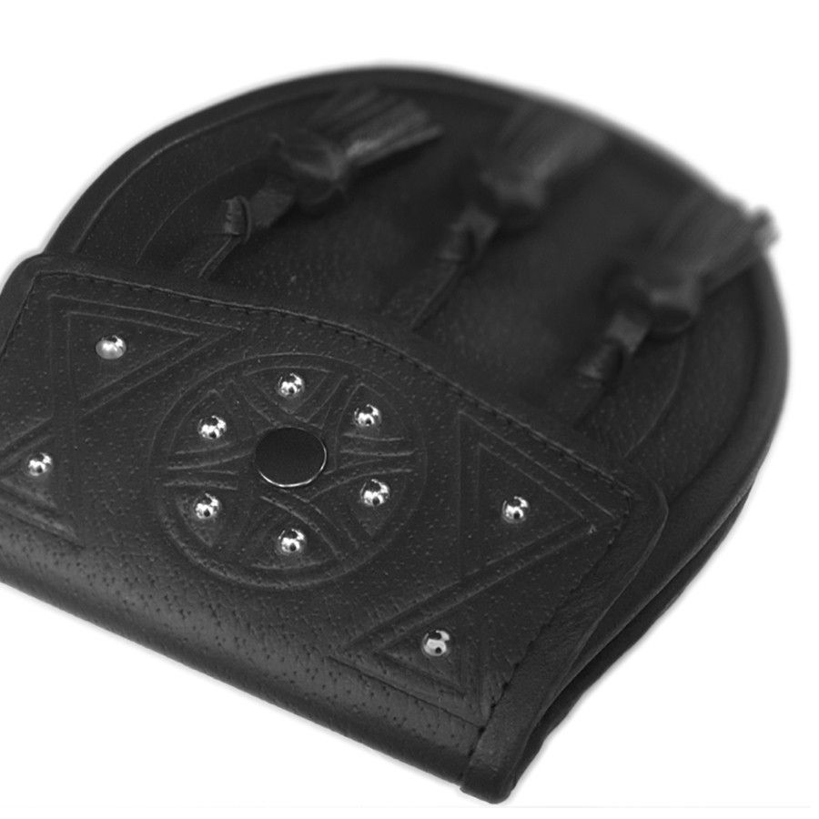 Leather Day Sporran Tooled and Studded Celtic design with 3 Knotted Tassels in Black with Leather Chain Strap