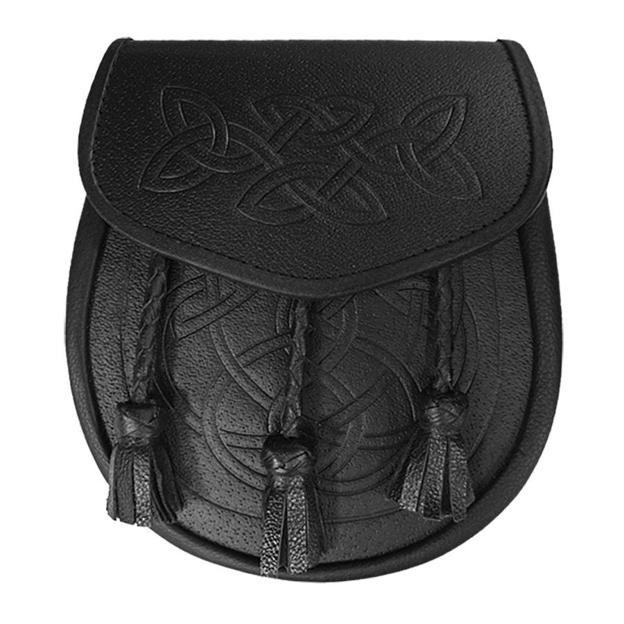 Leather Day Sporran with Embossed Celtic Pattern and 3 Twisted Tassels in Black with Leather Chain Strap