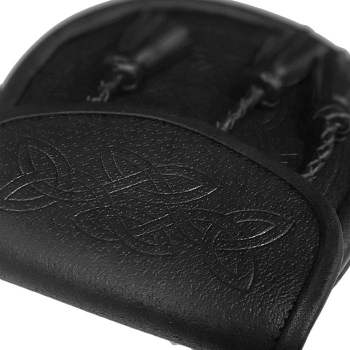 Leather Day Sporran with Embossed Celtic Pattern and 3 Twisted Tassels in Black with Leather Chain Strap