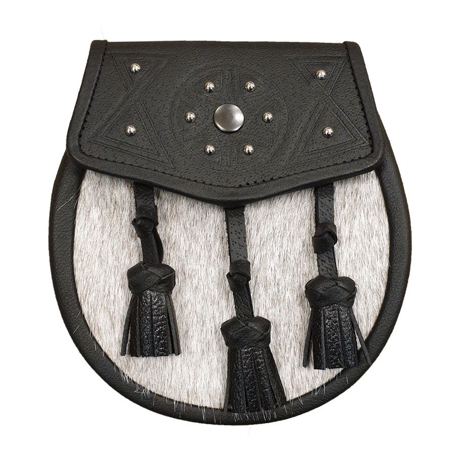 Pony Skin Semi Dress Sporran with Celtic Design Black Leather Flap and Tassels with Leather Chain Strap