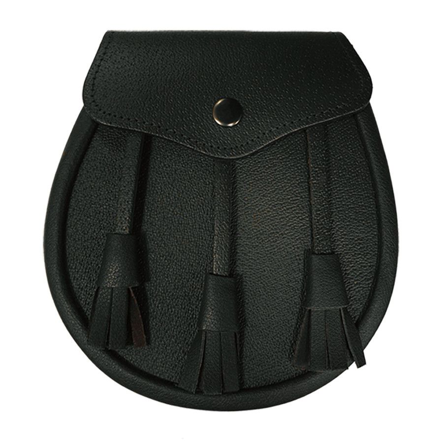 Leather Day Sporran with 3 Leather Tassels in Black with Leather Chain Strap.