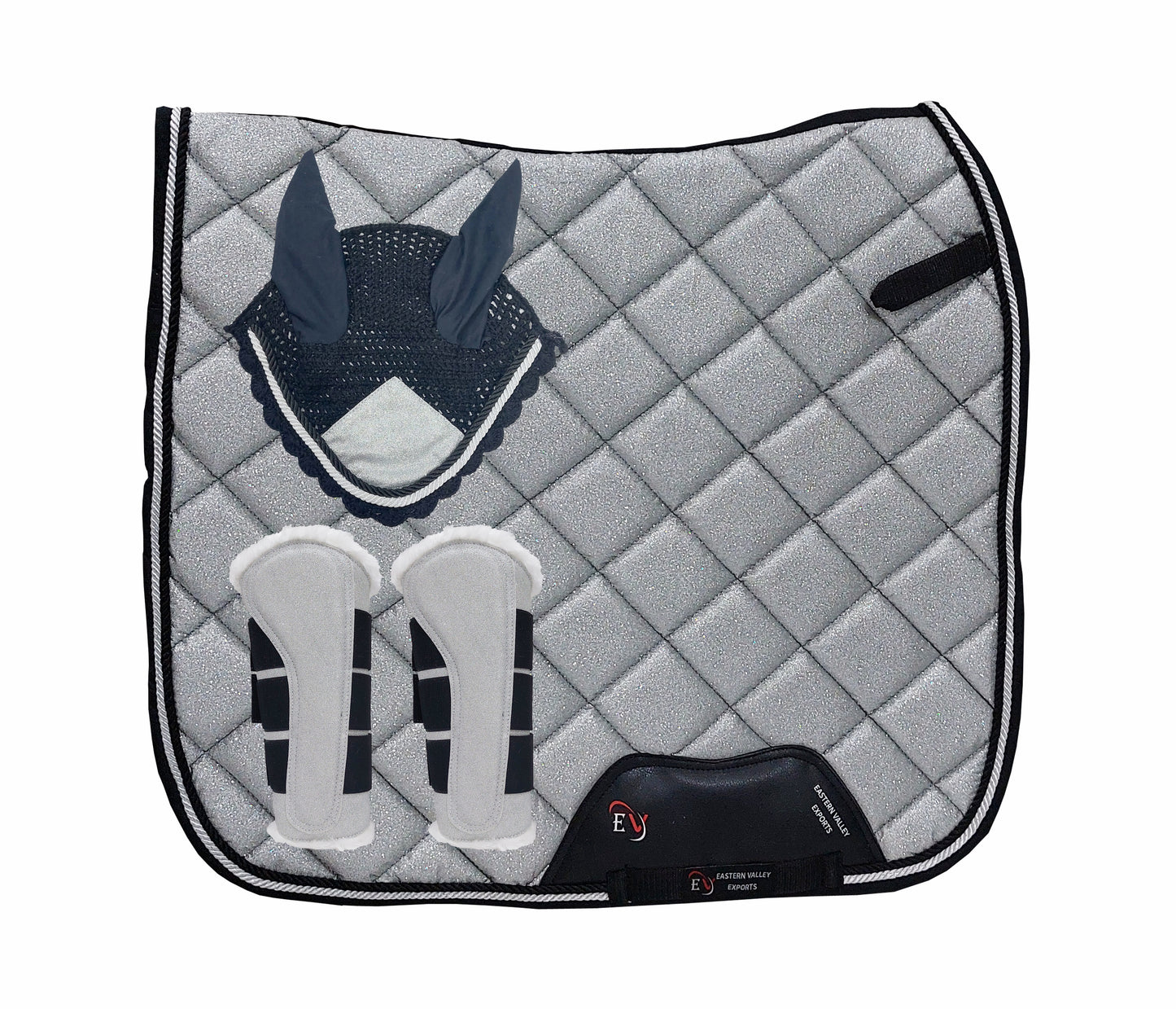 Horse Saddle Pad Set including Fly Veils & Tendon Boots, Shiny Glitter Silver - Dressage