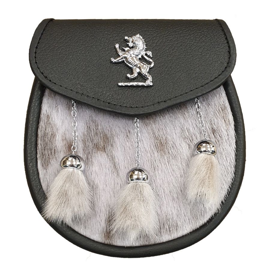Seal Skin Semi Dress Sporran with Lion Rampant on Black Leather and 3 Chrome Tassels with Leather Chain Strap