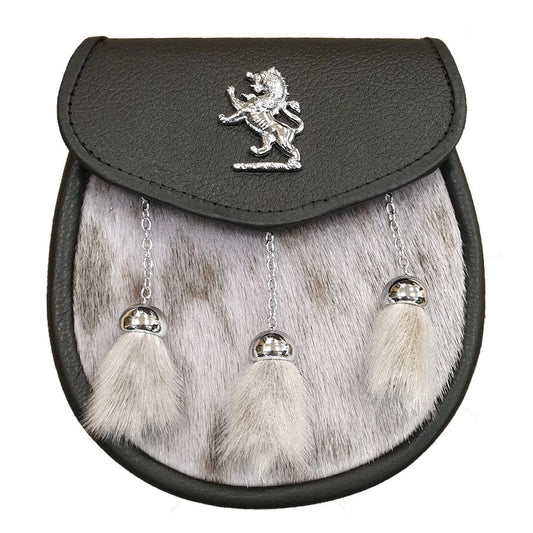 Seal Skin Semi Dress Sporran with Lion Rampant on Black Leather and 3 Chrome Tassels with Leather Chain Strap