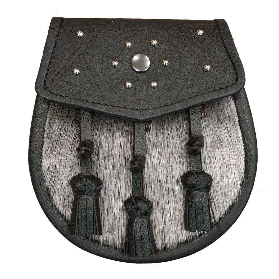 Leather Semi Dress Sporran with Studded Black Leather Flap and Tassels with Leather Chain Strap