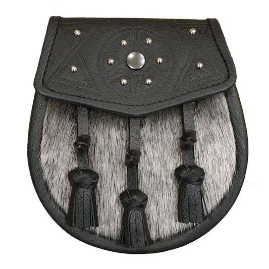 Leather Semi Dress Sporran with Studded Black Leather Flap and Tassels with Leather Chain Strap