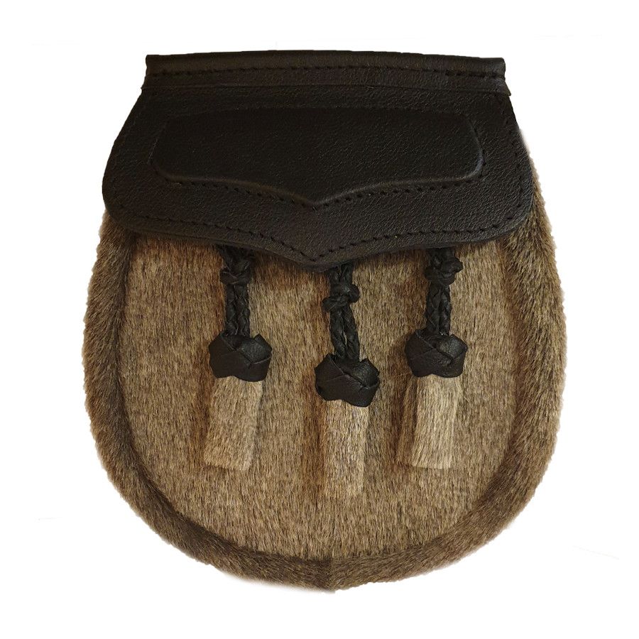 Pony Skin Semi Dress Sporran with Black Leather Flap and 3 Knotted Tassels with Leather Chain Strap