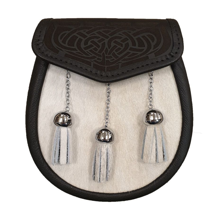 Pony Skin Semi Dress Sporran with Laser Etched Black Leather Flap and Chrome Tassels with Leather Chain Strap