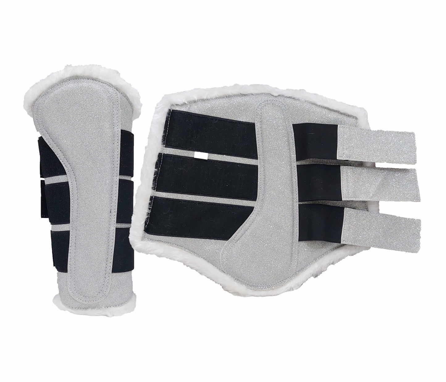 Horse Saddle Pad Set including Fly Veils & Tendon Boots, Shiny Glitter Silver - Dressage