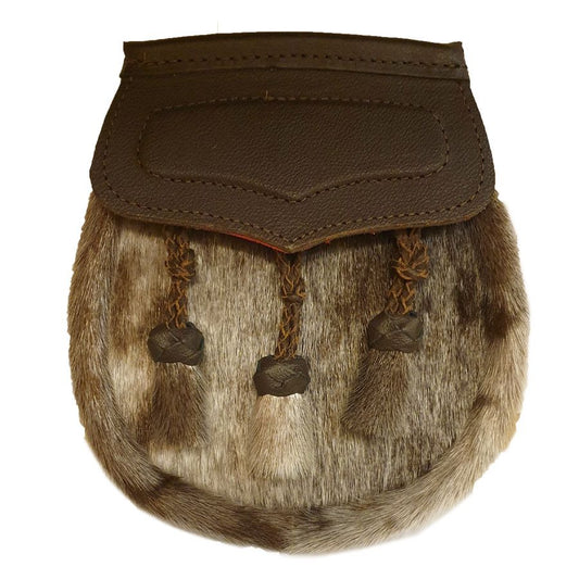 Leather Semi Dress Sporran with Brown Leather Flap and 3 Knotted Tassels with Leather Chain Strap