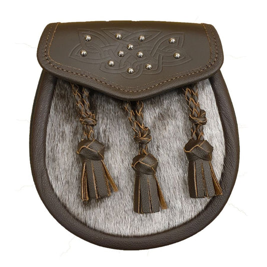 Leather Semi Dress Sporran with Celtic Brown Leather Flap and 3 Plaited Tassels with Leather Chain Strap