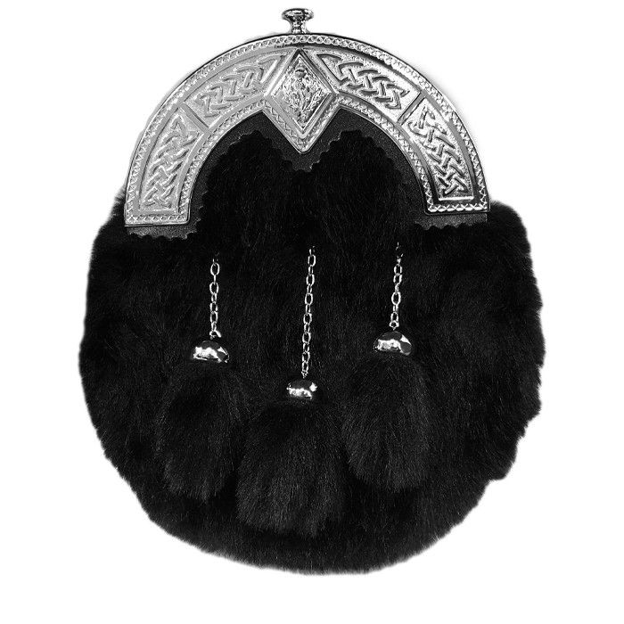 Faux Fur Dress Sporran with Celtic and Thistle design cantle in Black with Leather Chain Strap
