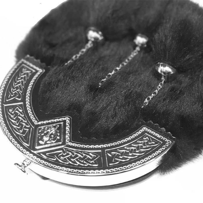 Faux Fur Dress Sporran with Celtic and Thistle design cantle in Black with Leather Chain Strap