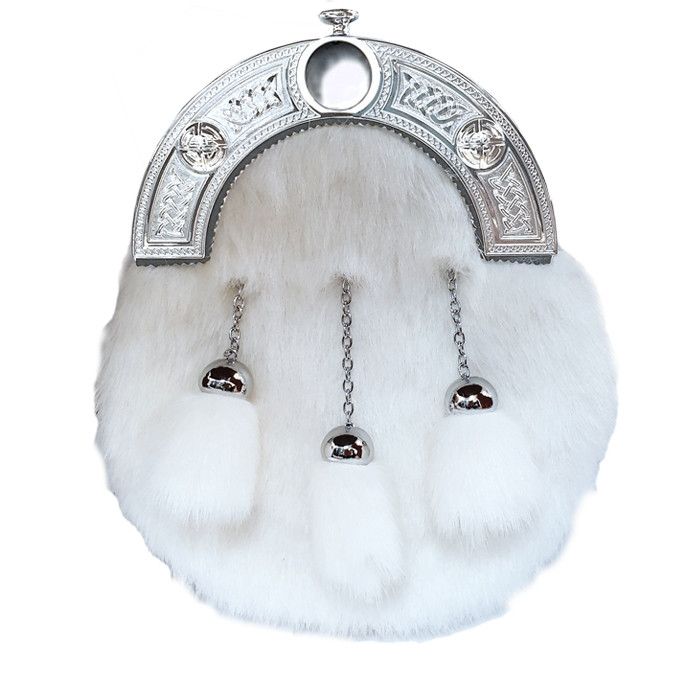 Faux Fur Dress Sporran with Celtic Knot Cantle in White with Leather Chain Strap