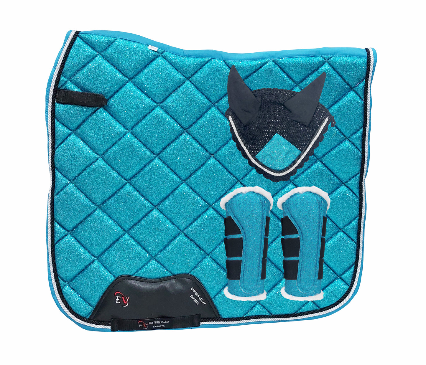 Horse Saddle Pad Set including Fly Veils & Tendon Boots, Shiny Glitter Blue - Dressage