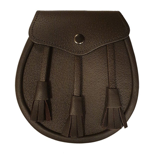 Leather Day Sporran with 3 Leather Tassels in Brown with Leather Chain Strap.