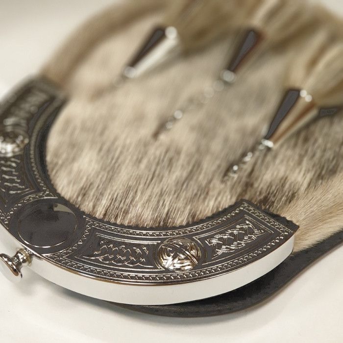 Leather Dress Sporran with Celtic Design Cantle in Chrome Finish with Leather Chain Strap