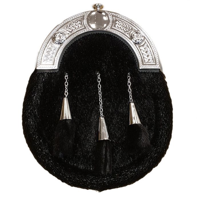 Leather Dress Sporran in Black with Celtic Dress Cantle in Chrome Finish with Leather Chain Strap