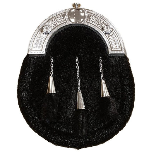 Leather Dress Sporran in Black with Celtic Dress Cantle in Chrome Finish with Leather Chain Strap