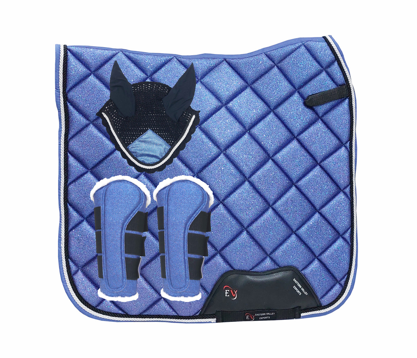 Horse Saddle Pad Set including Fly Veils & Tendon Boots, Shiny Glitter Blue - Dressage