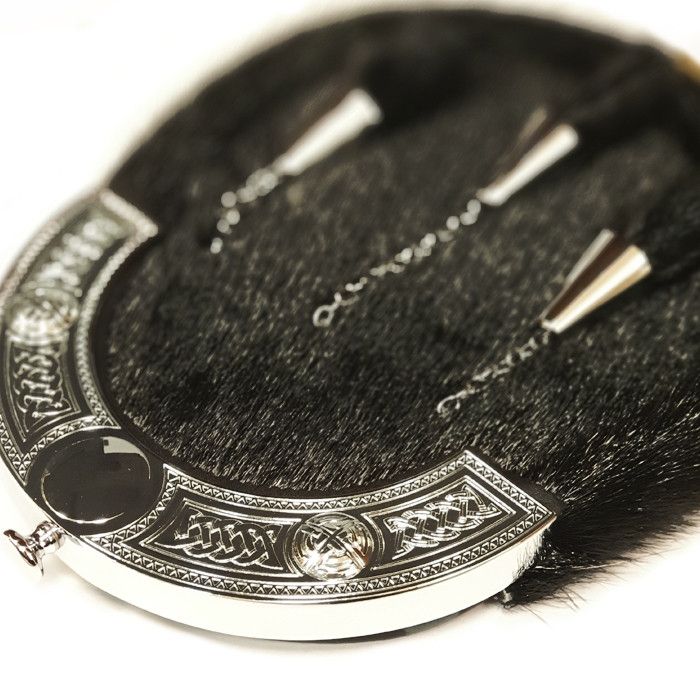 Leather Dress Sporran in Black with Celtic Dress Cantle in Chrome Finish with Leather Chain Strap