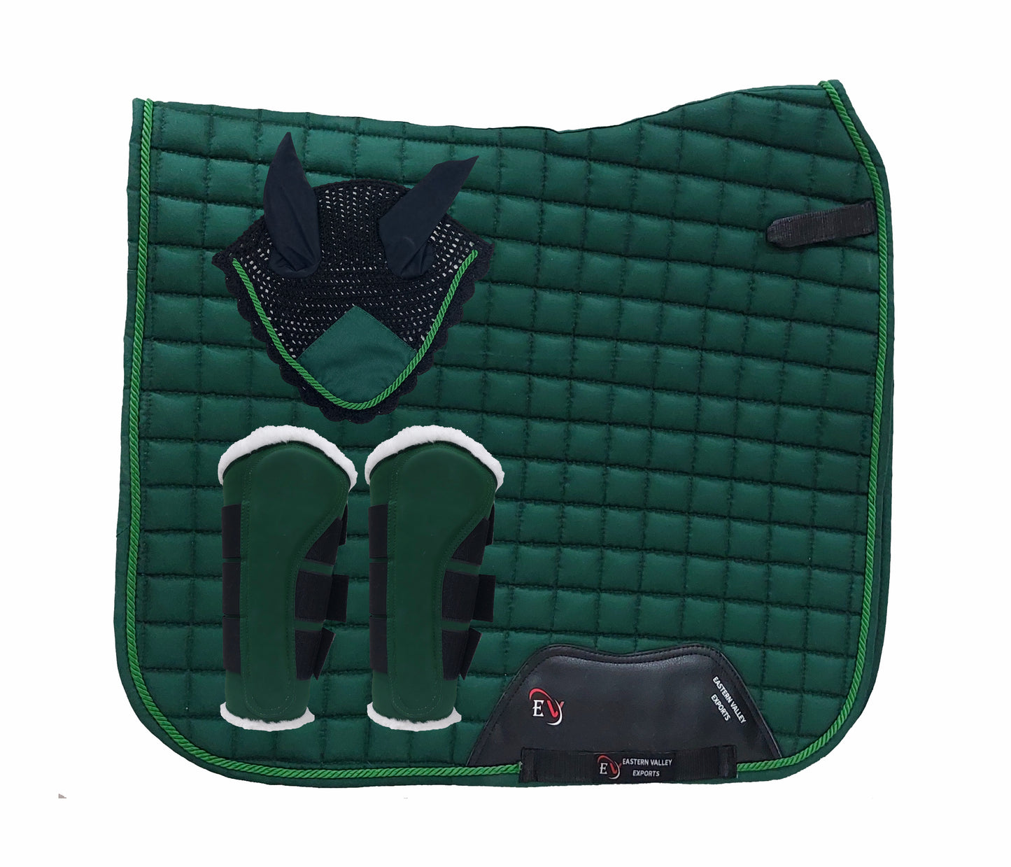 Horse Saddle Pad Set including Fly Veils & Tendon Boots, Green Cotton Quilted - Dressage