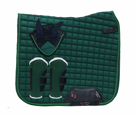 Horse Saddle Pad Set including Fly Veils & Tendon Boots,  Green Cotton Quilted - Dressage