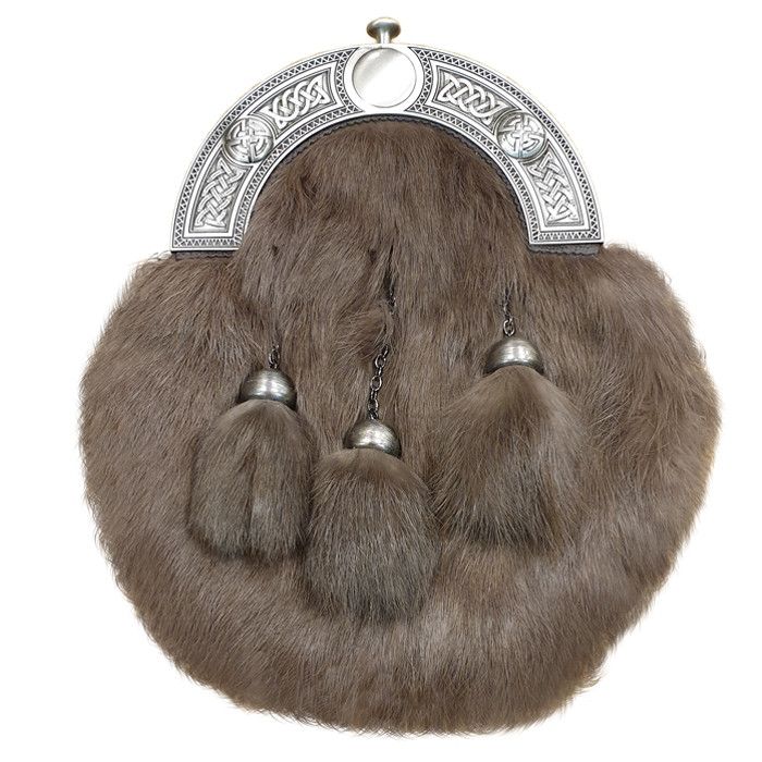 Faux Fur Dress Sporran with Celtic Knot Cantle in Antique Finish with Leather Chain Strap
