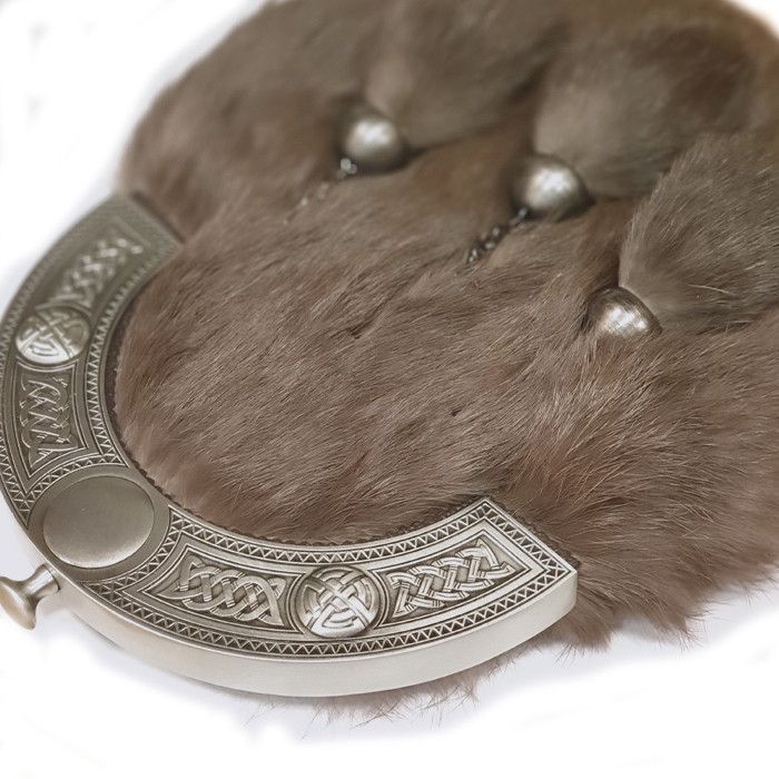 Faux Fur Dress Sporran with Celtic Knot Cantle in Antique Finish with Leather Chain Strap