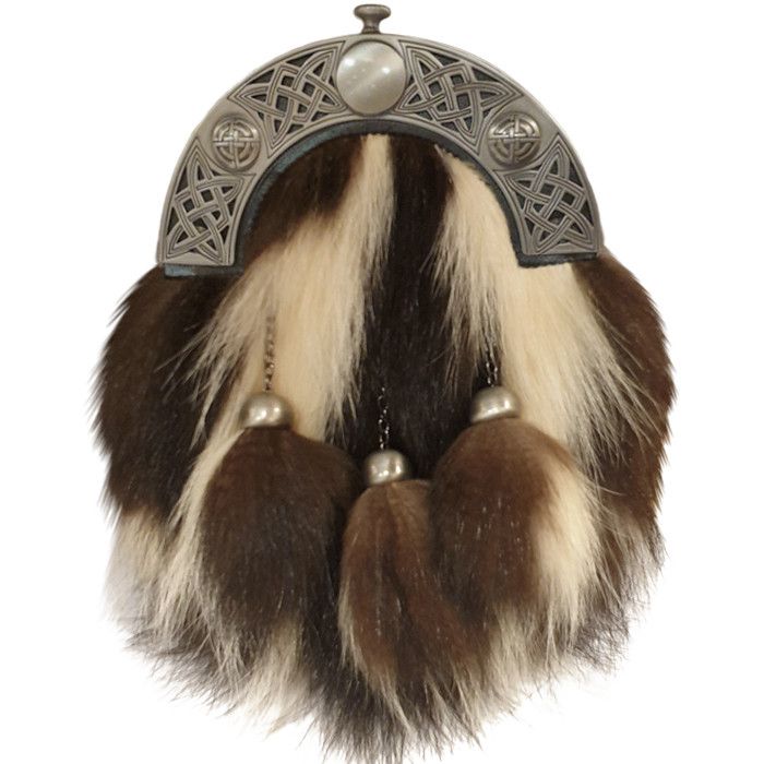 Faux Fur Dress Sporran with Celtic knot design cantle and 3 tassels in Antique Finish with Leather Chain Strap