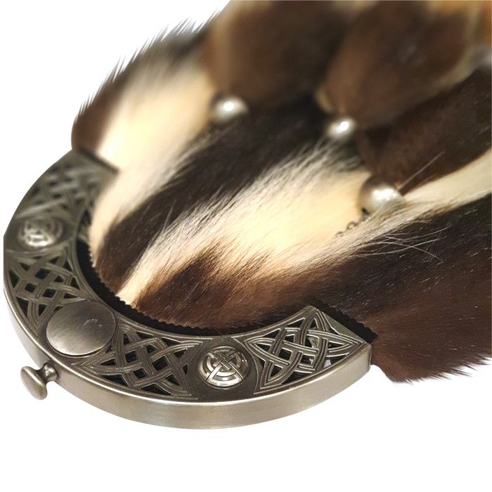Faux Fur Dress Sporran with Celtic knot design cantle and 3 tassels in Antique Finish with Leather Chain Strap