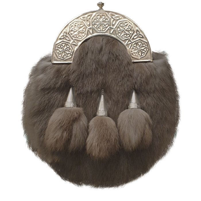 Faux Fur Dress Sporran with Intricate Celtic Design Cantle in Antique Polished Finish with Leather Chain Strap