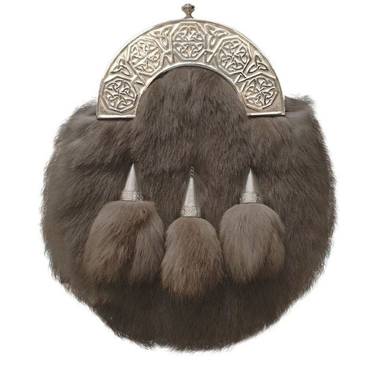 Faux Fur Dress Sporran with Intricate Celtic Design Cantle in Antique Polished Finish with Leather Chain Strap