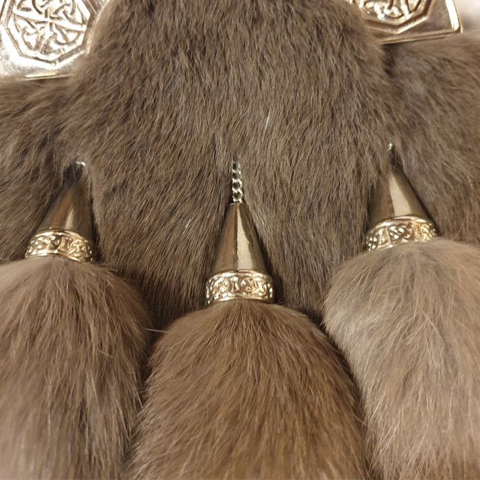 Faux Fur Dress Sporran with Intricate Celtic Design Cantle in Antique Polished Finish with Leather Chain Strap