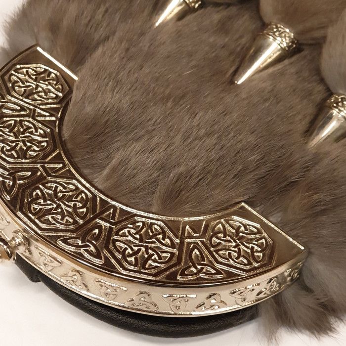 Faux Fur Dress Sporran with Intricate Celtic Design Cantle in Antique Polished Finish with Leather Chain Strap