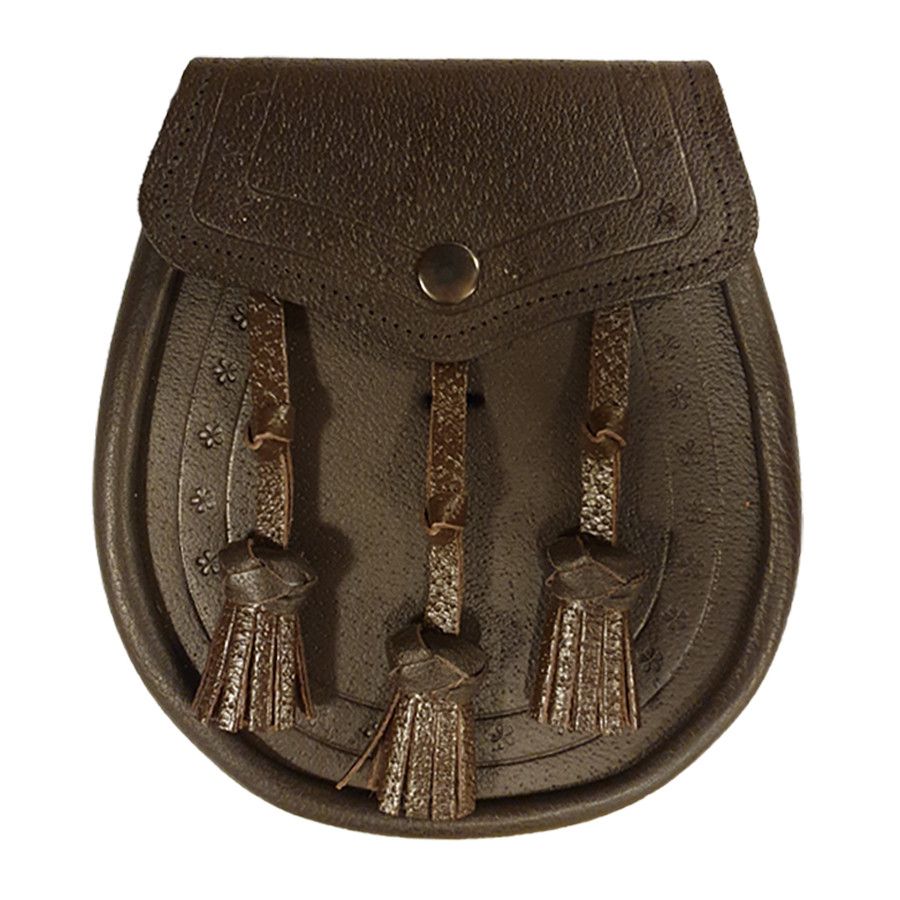 Leather Day Sporran with Embossed Leather and 3 Knotted Tassels in Brown with Leather Chain Strap