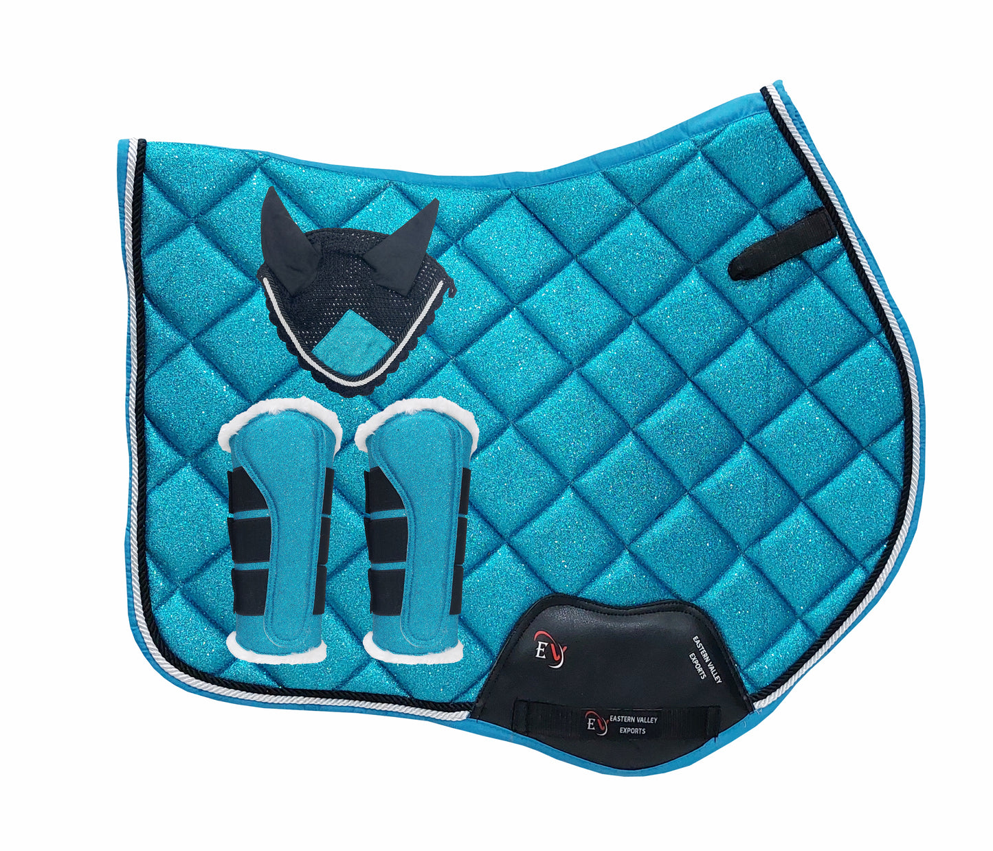 Horse Saddle Pad Set including Fly Veils & Tendon Boots, Shiny Glitter Blue - Jumping