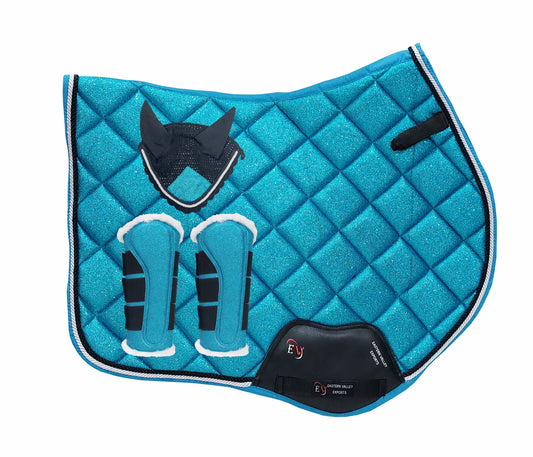 Horse Saddle Pad Set including Fly Veils & Tendon Boots, Shiny Glitter Blue - Jumping