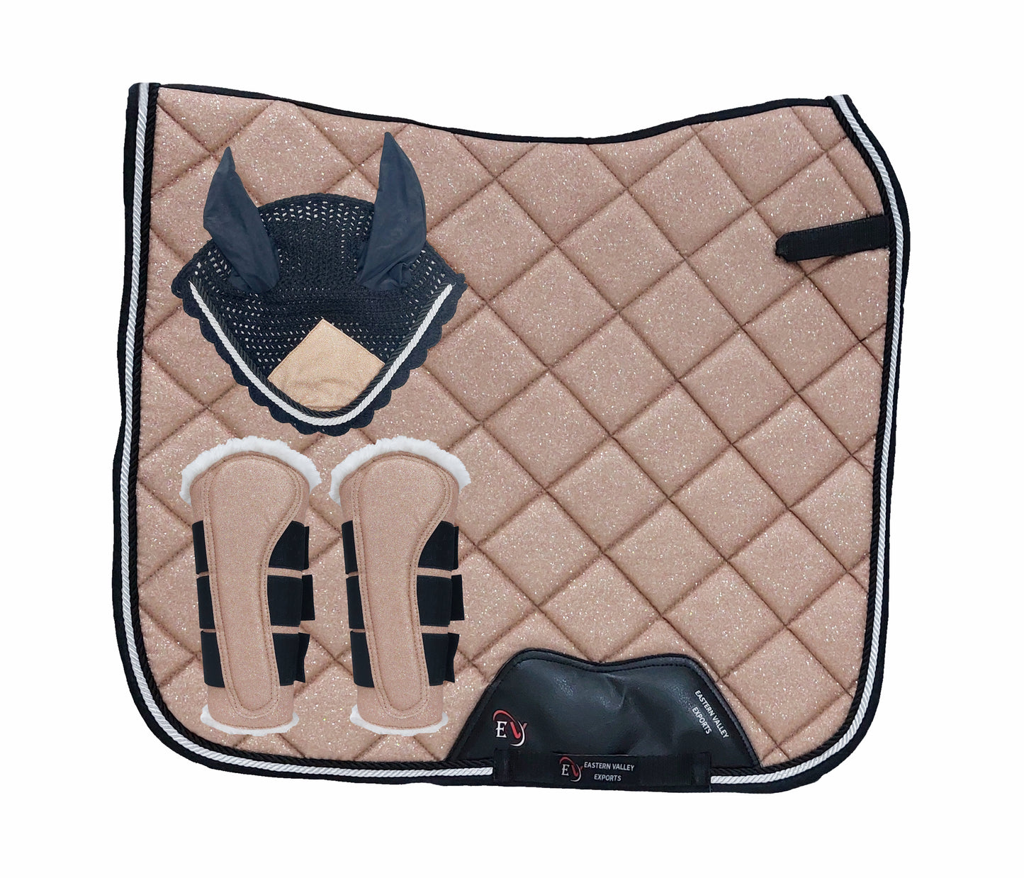 Horse Saddle Pad Set including Fly Veils & Tendon Boots, Shiny Glitter Golden - Dressage