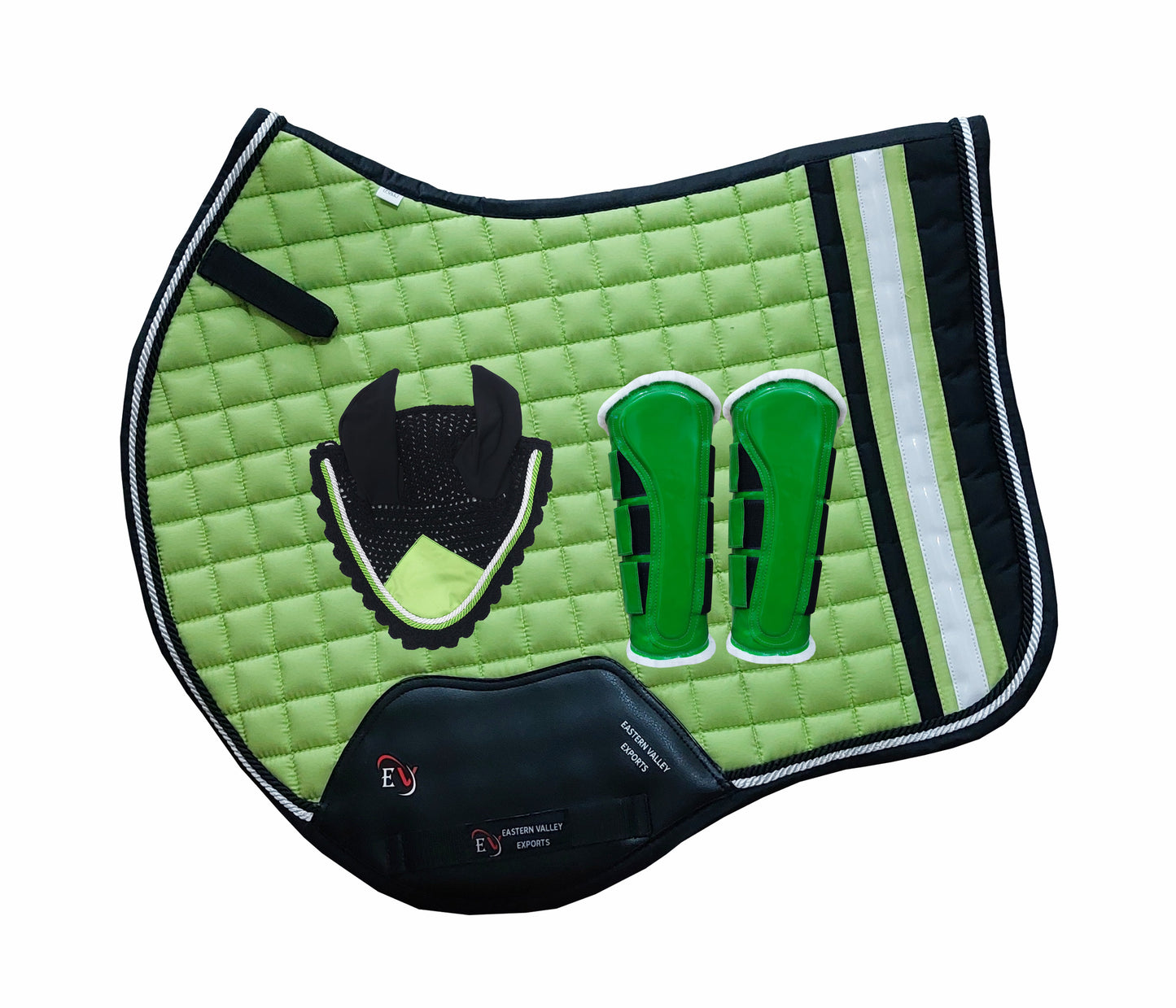 Horse Saddle Pad Set including Fly Veils & Tendon Boots, Green Cotton Quilted - Jumping