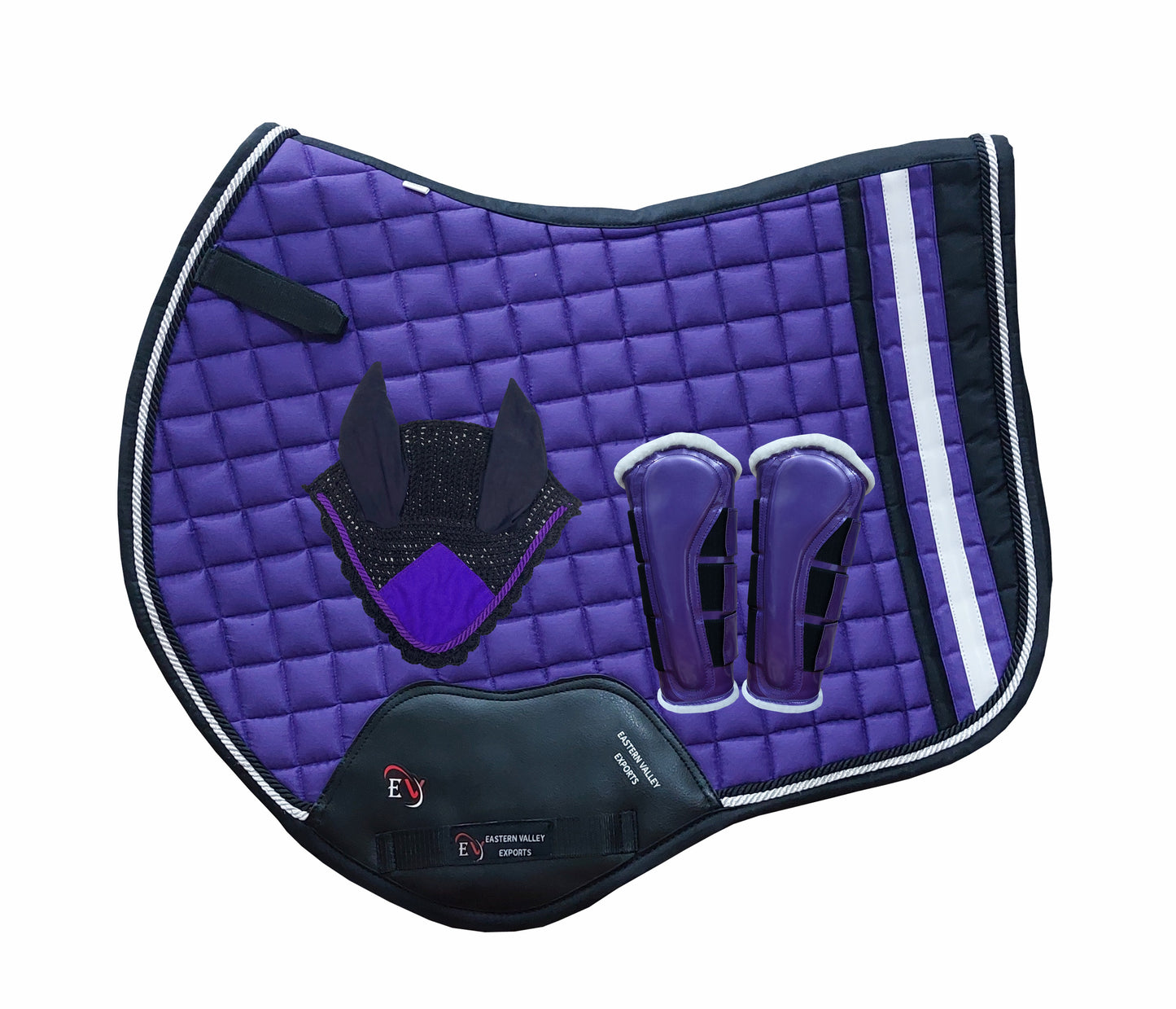 Horse Saddle Pad Set including Fly Veils & Tendon Boots, Navy Blue Cotton Quilted - Jumping