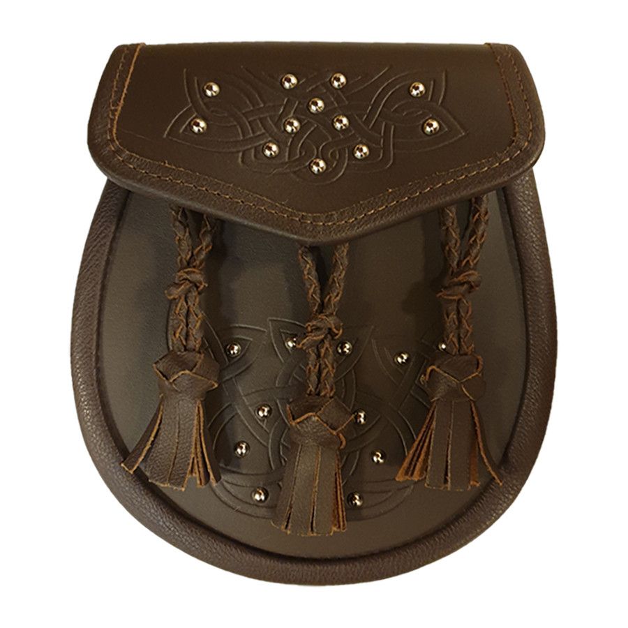 Leather Day Sporran All Over Studded Celtic Design and 3 Pleated Tassels in Brown with Leather Chain Strap