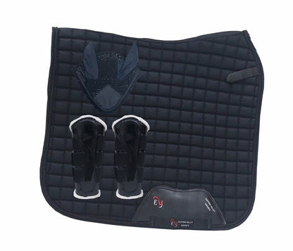 Horse Saddle Pad Set including Fly Veils & Tendon Boots,  Black Cotton Quilted - Dressage