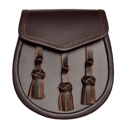 Leather Day Sporran with Three Hand Knotted Tassels in Brown with Leather Chain Strap